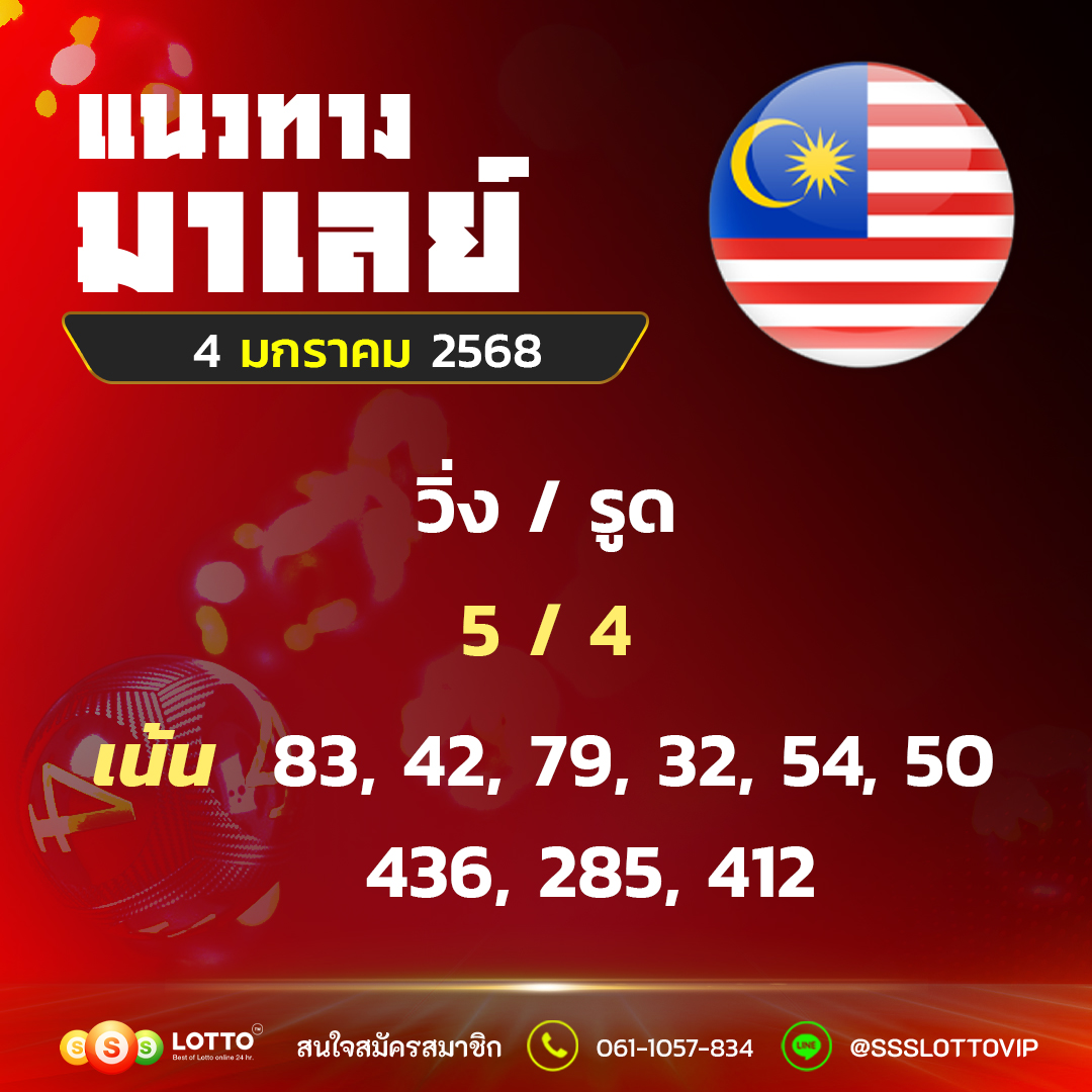 Ssslotto  แนวทางหวยมาเลย์ วันนี้ 4/1/68  แนวทาหวยมาเลย์ออนไลน์