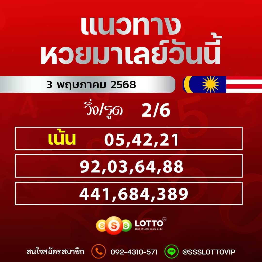Ssslotto  แนวทางหวยมาเลย์ วันนี้ 3/5/2568 แนวทาหวยมาเลย์ออนไลน์