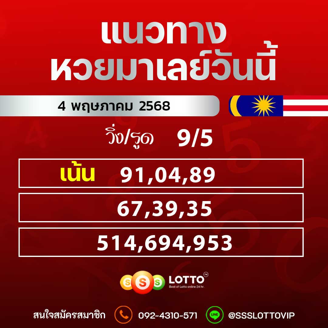 Ssslotto  แนวทางหวยมาเลย์ วันนี้ 4/5/2568  แนวทาหวยมาเลย์ออนไลน์