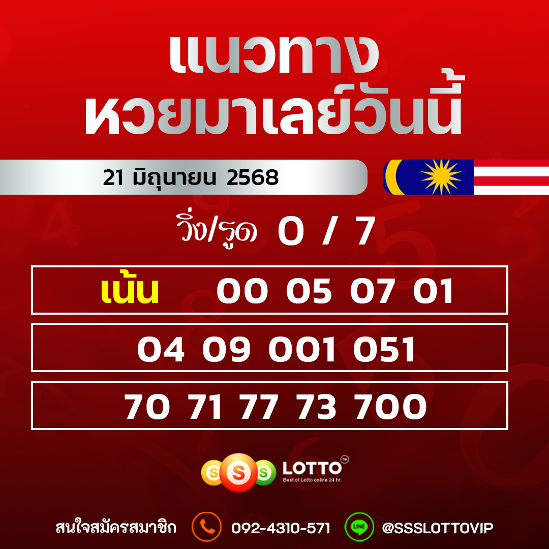 Ssslotto  แนวทางหวยมาเลย์ วันนี้ 21/6/68  แนวทาหวยมาเลย์ออนไลน์