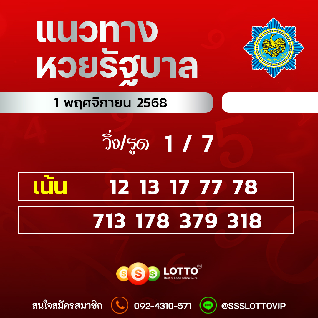 Ssslotto  แนวทางหวยรัฐบาล วันที่ 1 พฤศจิกายน 2568