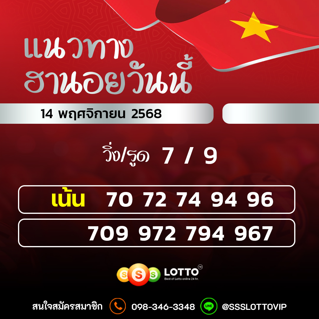 Ssslotto  แนวทางหวยฮานอย วันนี้ 14/11/2568 แนวทาหวยฮานอยออนไลน์