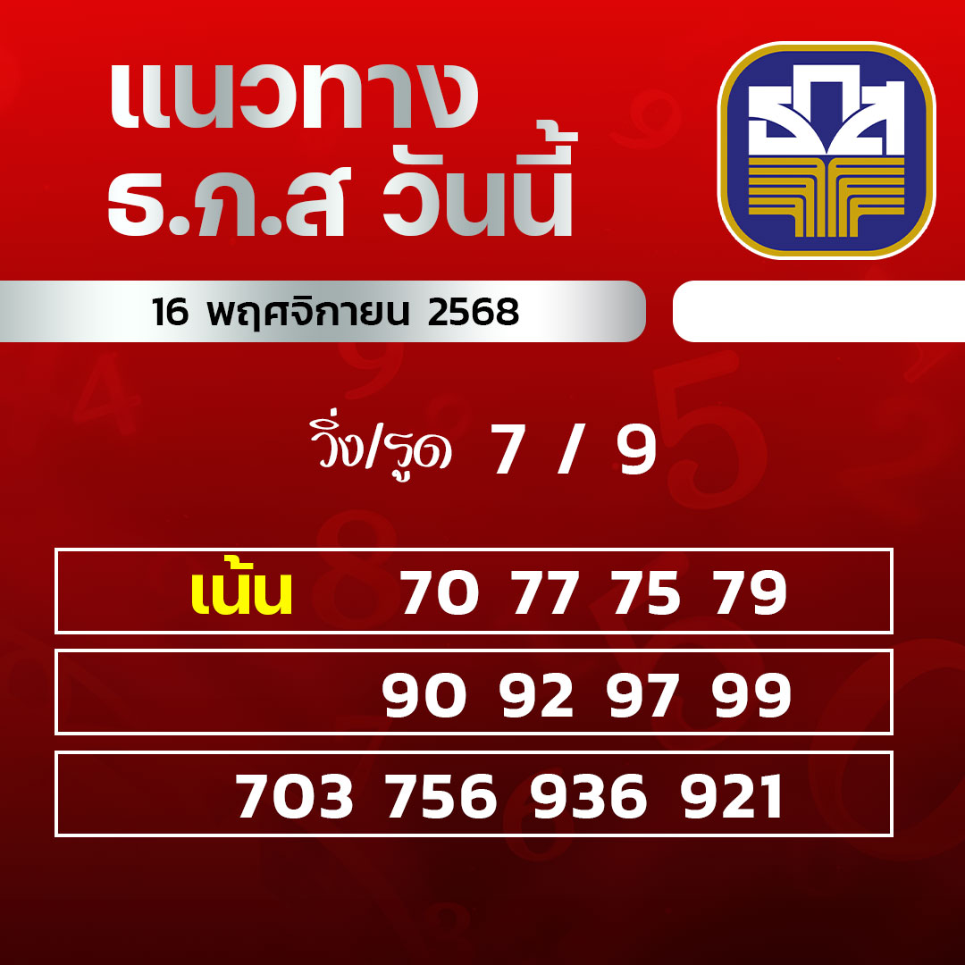 Ssslotto แนวทางหวย ธ.ก.ส วันนี้ 16/11/68 แนวทางมาเลย์ออนไลน์