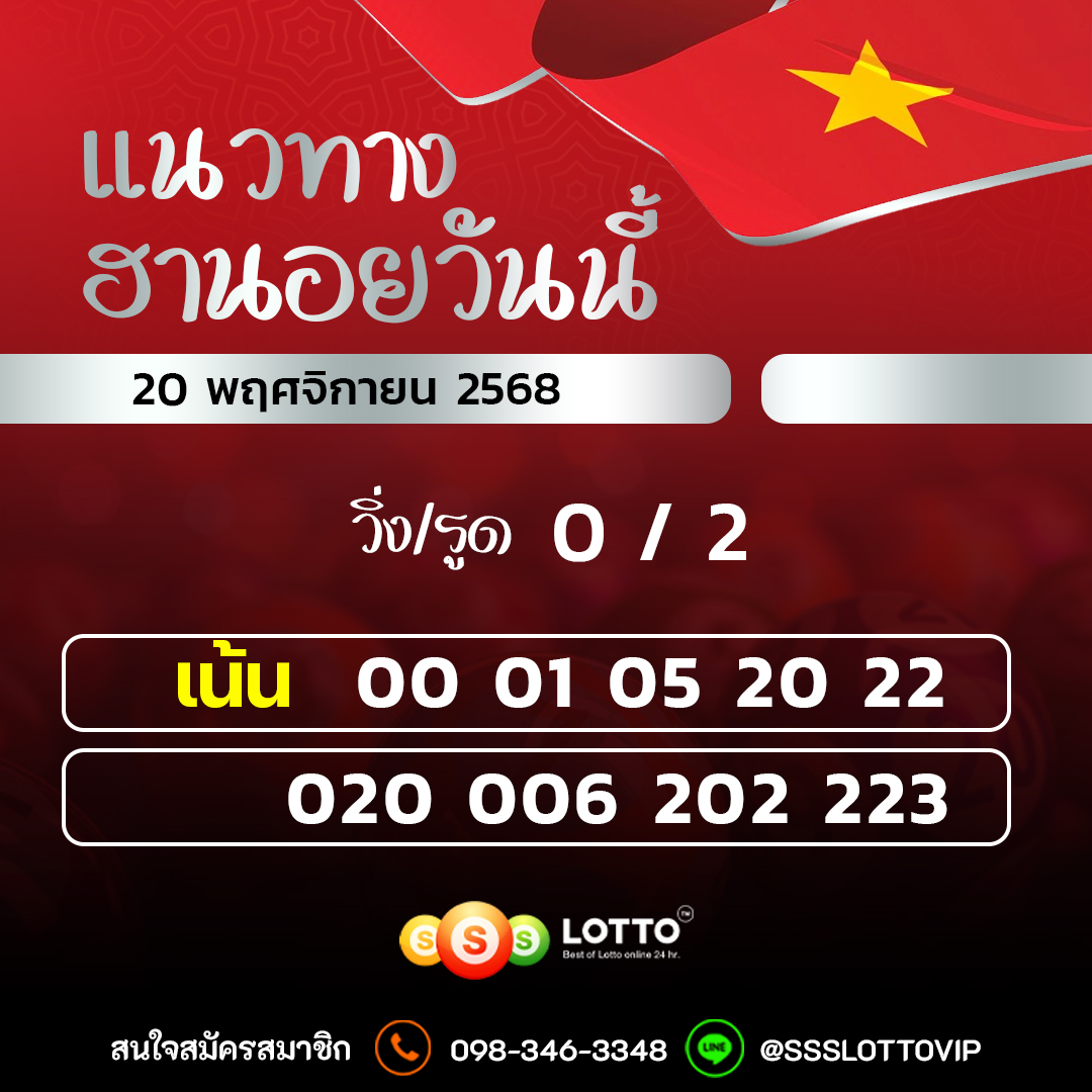 Ssslotto  แนวทางหวยฮานอย วันนี้ 20/11/2568 แนวทาหวยฮานอยออนไลน์