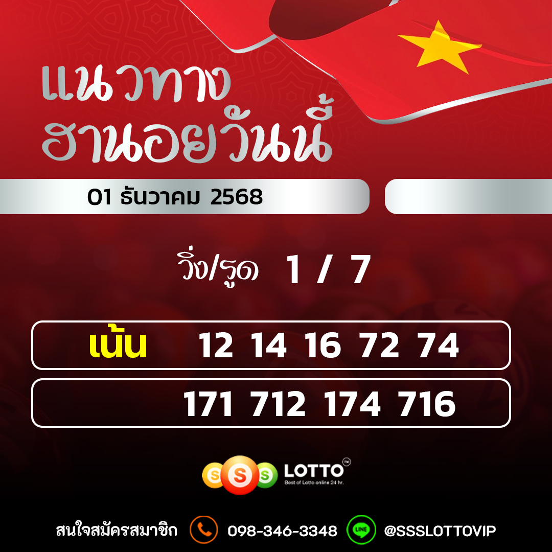 Ssslotto  แนวทางหวยฮานอย วันนี้ 01/12/2568 แนวทาหวยฮานอยออนไลน์