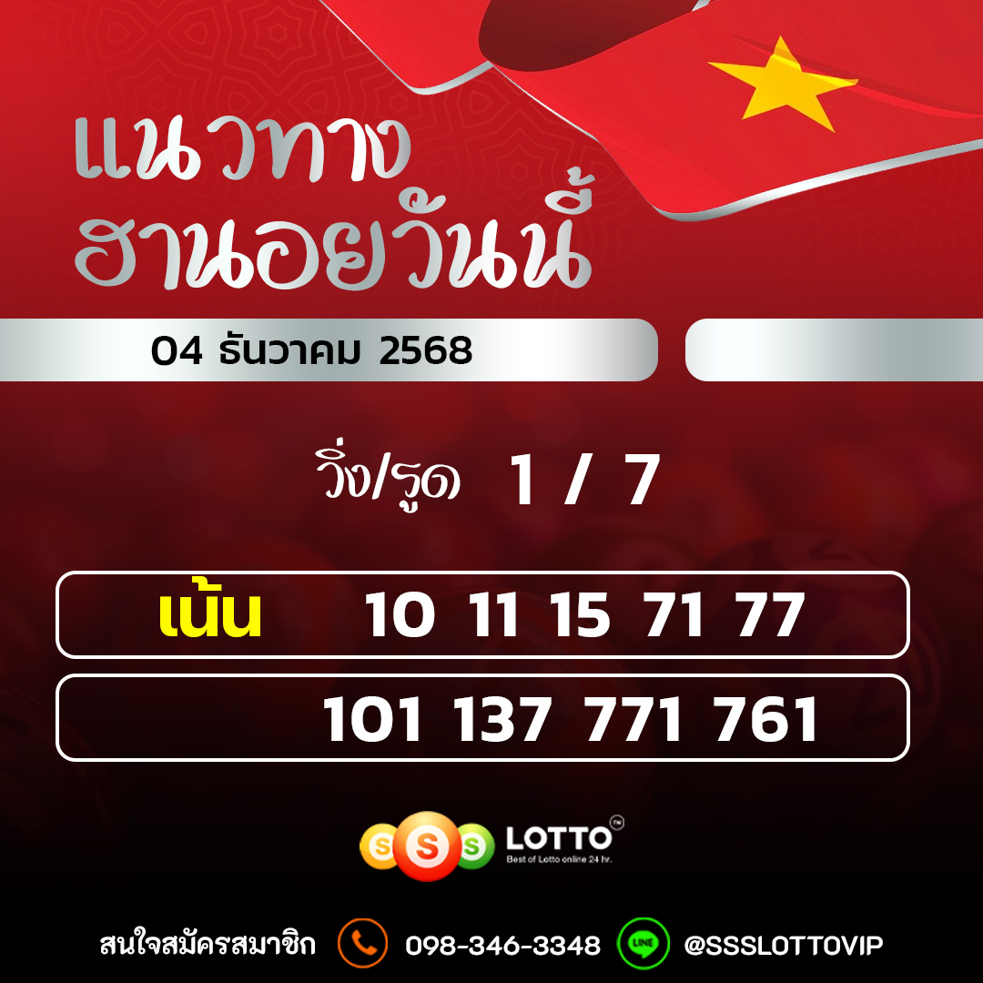 Ssslotto  แนวทางหวยฮานอย วันนี้ 04/12/2568 แนวทาหวยฮานอยออนไลน์